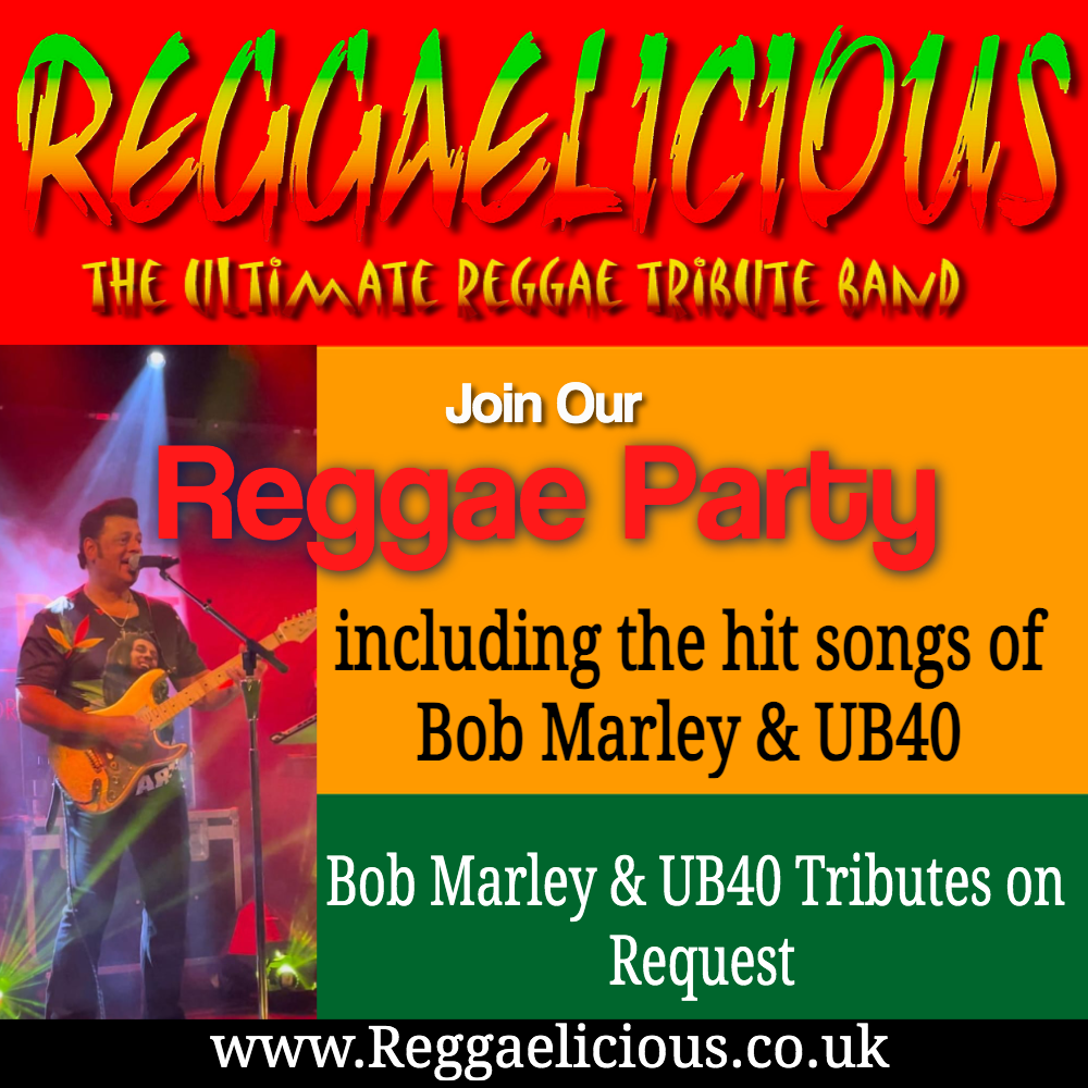 Rggaelicious 'Join Our Reggae Party' poster in red gold and green with the reggaelicious logo at the top and dave tiwary on the left